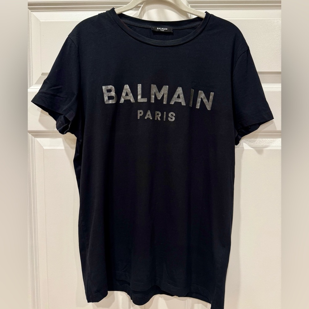 Balmain Black Short Sleeve Tee with Metallic Logo